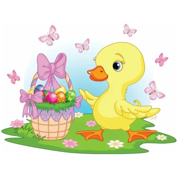 Цветной вариант раскраски уточка и корзинка