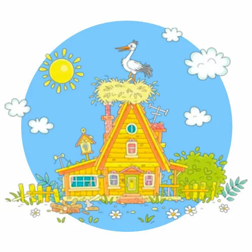 Цветной вариант раскраски аист гнездо на доме