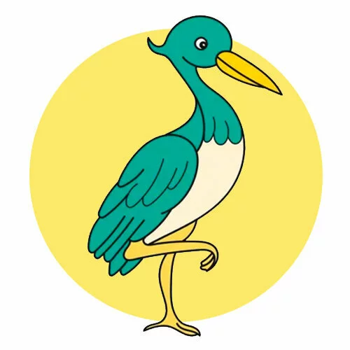 Цветной вариант раскраски аист на лапке