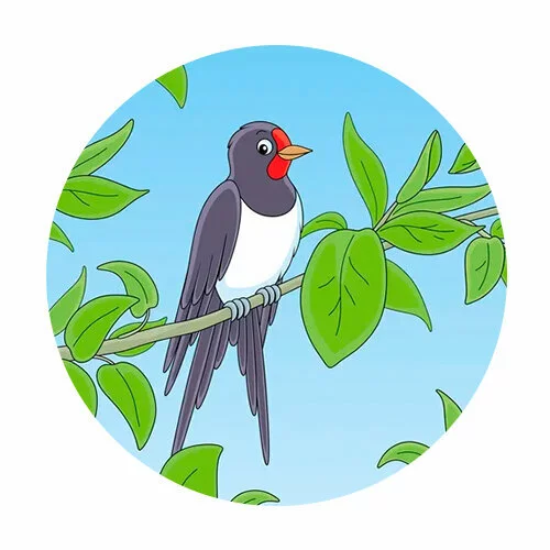 Цветной вариант раскраски ласточка на дереве