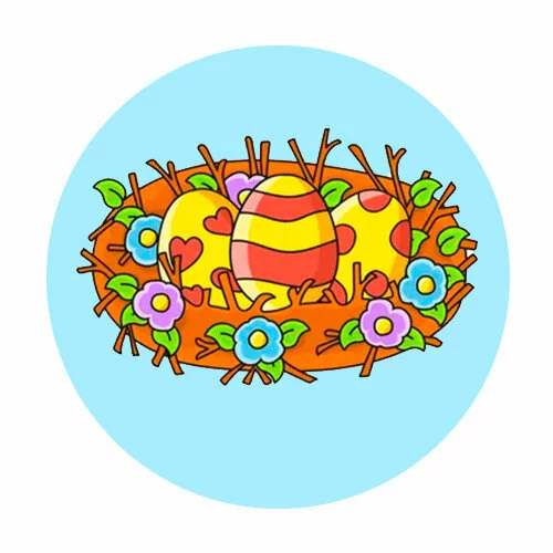 Цветной вариант раскраски гнездо с пасхальными яичками