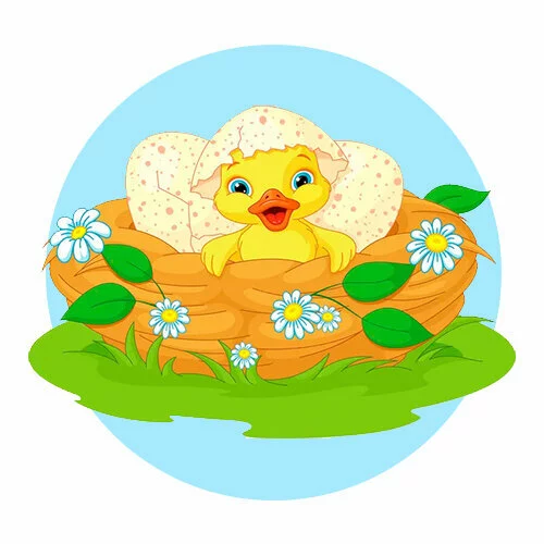 Цветной вариант раскраски утенок в гнезде и бабочки