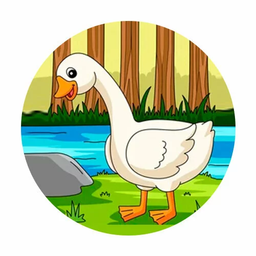 Цветной вариант раскраски гусь ищет еду