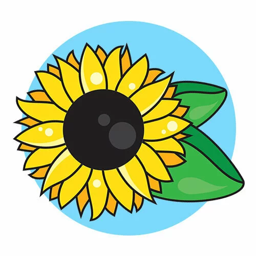 Цветной вариант раскраски подсолнух и листочки