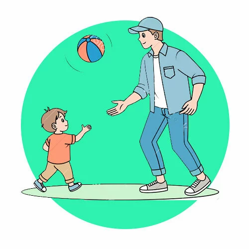 Цветной вариант раскраски папа играет с сыном в мяч