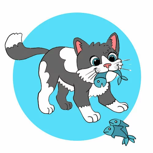 Цветной вариант раскраски котик поймал рыбки