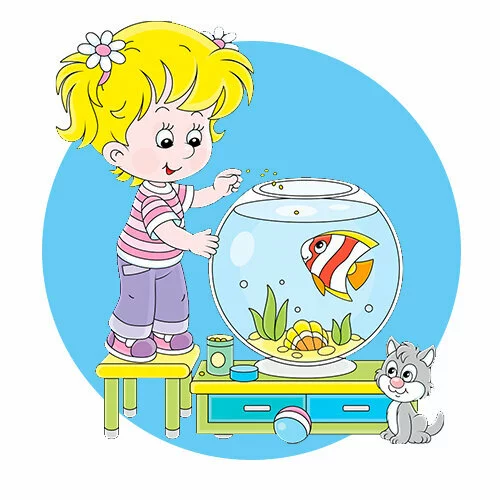 Цветной вариант раскраски девочка и аквариум