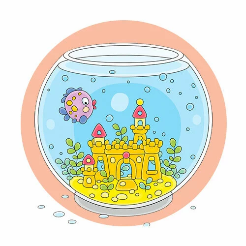 Цветной вариант раскраски аквариум и замок для рыбки