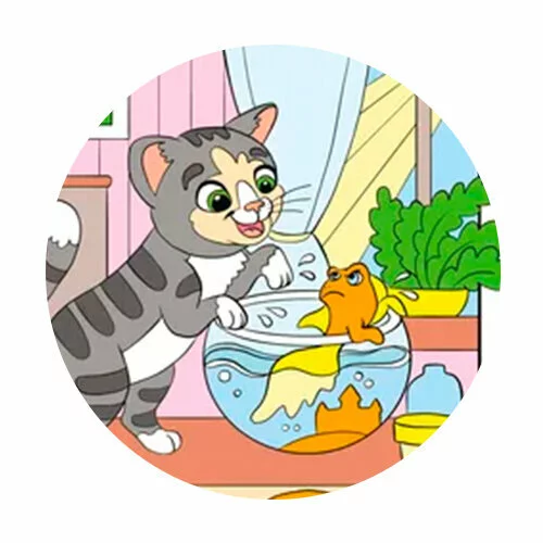 Цветной вариант раскраски котик играет с рыбкой в аквариуме