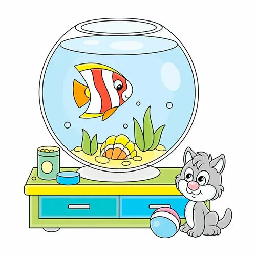Цветной вариант раскраски котик смотрит на рыбку в аквариуме