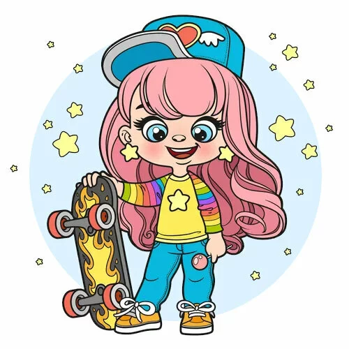 Цветной вариант раскраски девочка и скейтборд