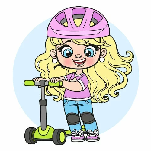 Цветной вариант раскраски девочка в шлеме на самокате