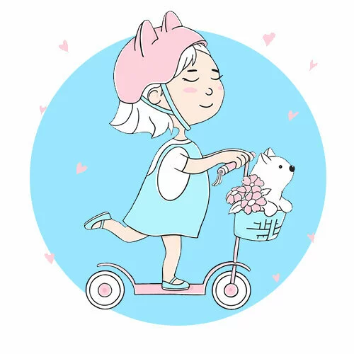 Цветной вариант раскраски смешная девочка  и кот на самокате