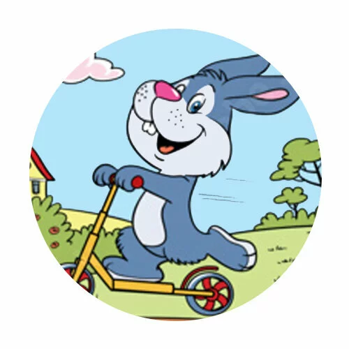 Цветной вариант раскраски зайка и самокат