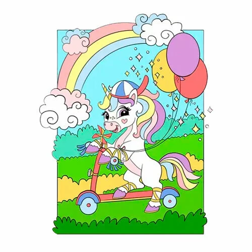 Цветной вариант раскраски единорог в кепке на самокате