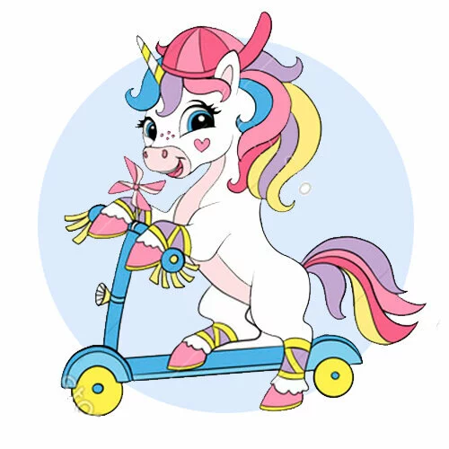 Цветной вариант раскраски милый единорог и самокат
