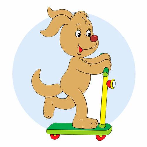 Цветной вариант раскраски песик на самокате