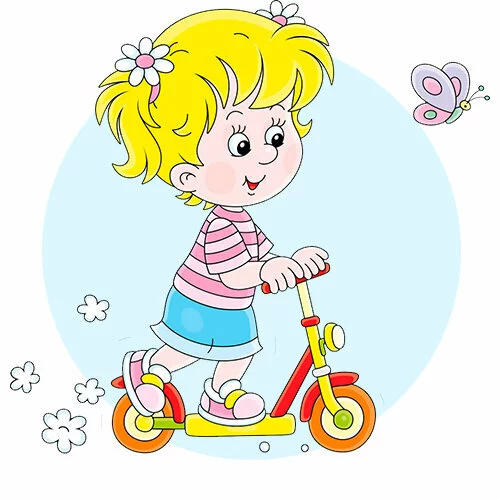 Цветной вариант раскраски девочка на самокате и бабочка