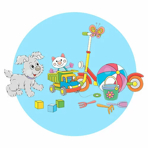 Цветной вариант раскраски игрушки и самокат