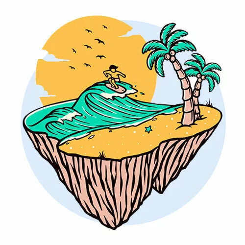 Цветной вариант раскраски серфингист на острове с волной