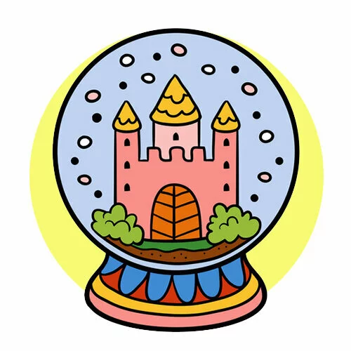 Цветной вариант раскраски замок в шаре