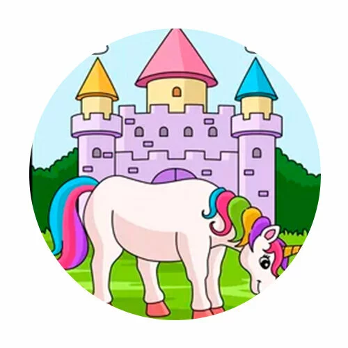 Цветной вариант раскраски замок и единорог