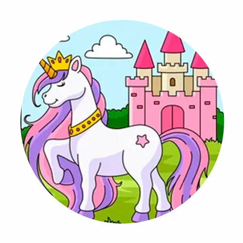 Цветной вариант раскраски единорог и замок