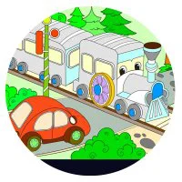 Цветной пример раскраски поезд на железной дороге