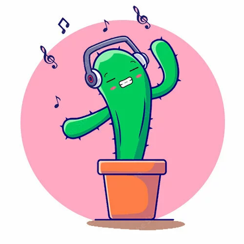 Цветной вариант раскраски кактус слушает музыку