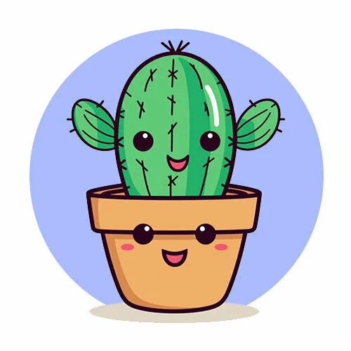 Цветной вариант раскраски каваи кактус и горшок