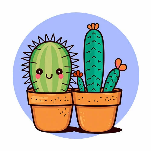 Цветной вариант раскраски разные кактусы каваи