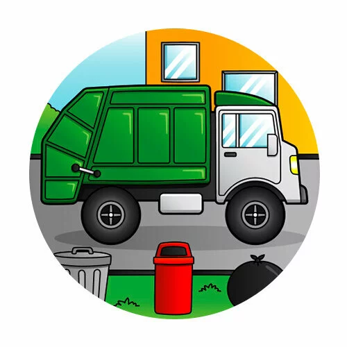 Цветной вариант раскраски мусоровоз в городе
