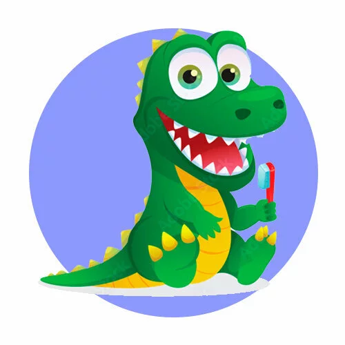 Цветной вариант раскраски динозавр чистит зубы