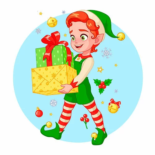 Цветной вариант раскраски эльф с подарками новый год