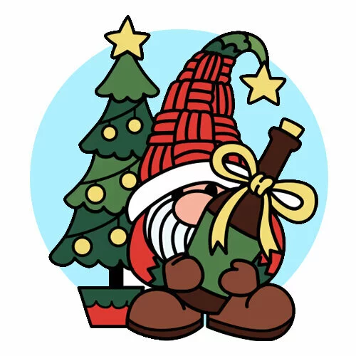 Цветной вариант раскраски новогодний гном и елка 2025