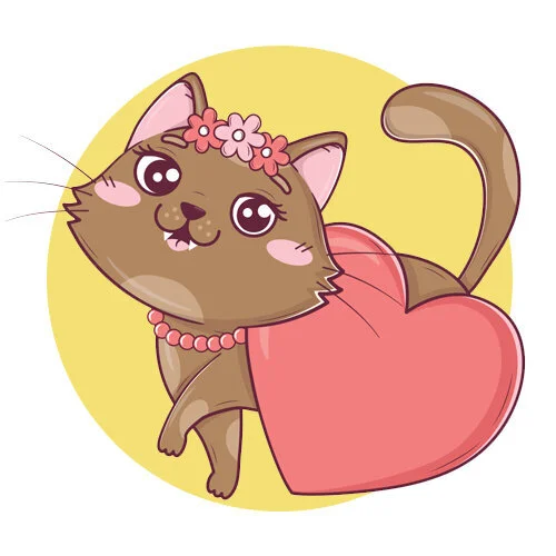 Цветной вариант раскраски милая кошечка 14 февраля сердечко