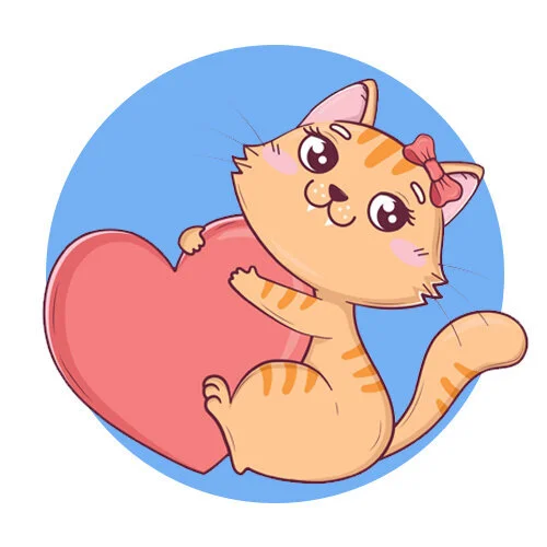 Цветной вариант раскраски котик и сердечко 14 февраля