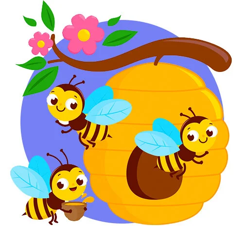 Цветной пример раскраски улей с тремя пчелами