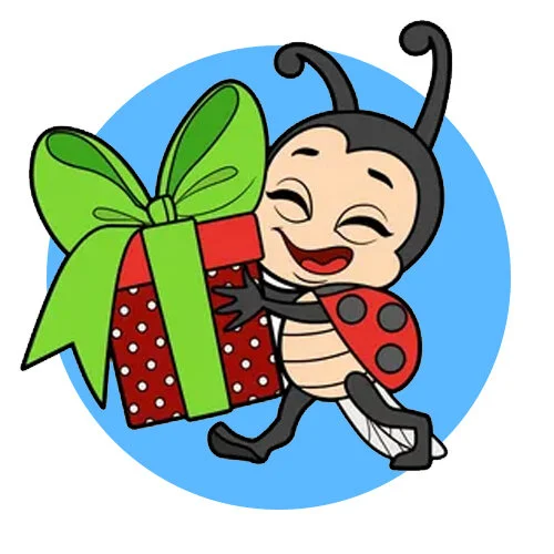 Цветной вариант раскраски божья коровка с подарком