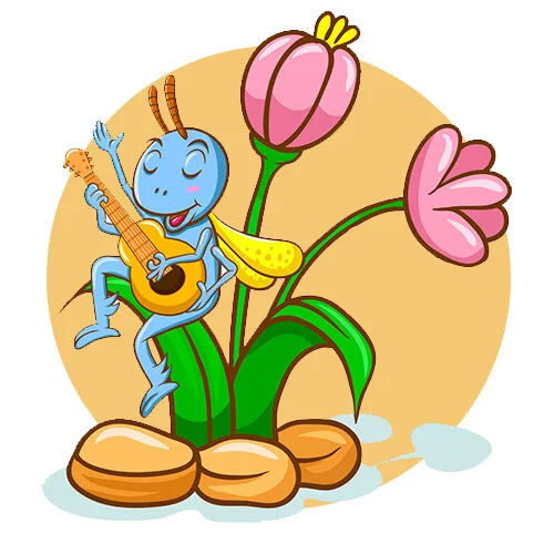 Цветной вариант раскраски кузнечик играет на гитаре