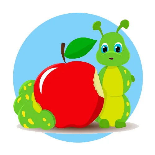 Цветной вариант раскраски гусеница и яблочко