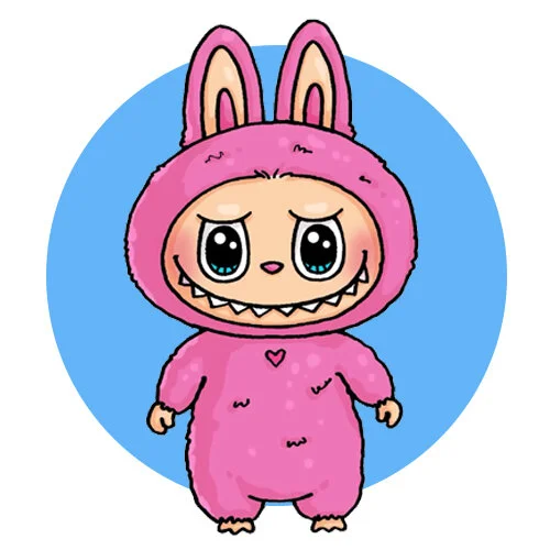 Цветной вариант раскраски лабубу и сердечки