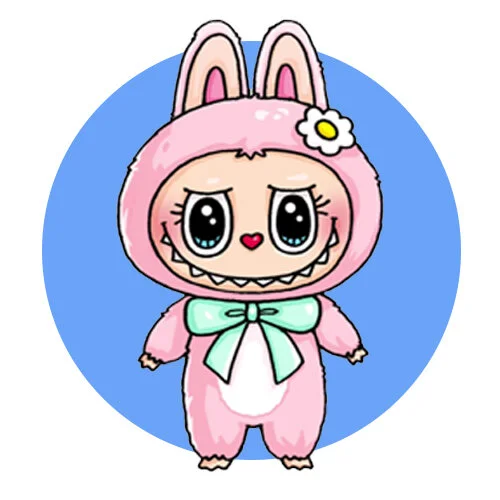 Цветной вариант раскраски лабубу с цветочком