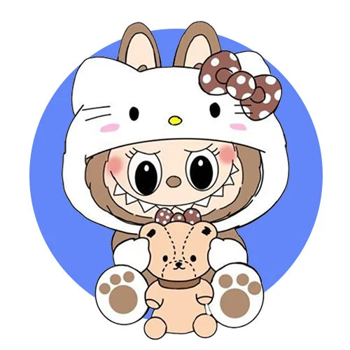 Цветной вариант раскраски лабубу в костюме китти