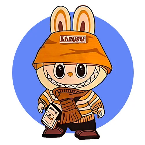 Цветной вариант раскраски лабубу в шарфе