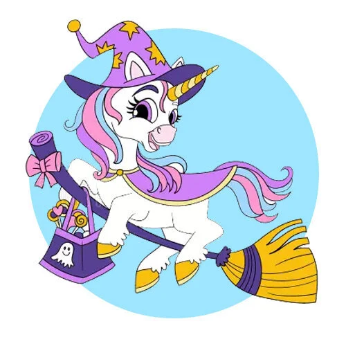 Цветной вариант раскраски единорог волшебник на хэллоуин