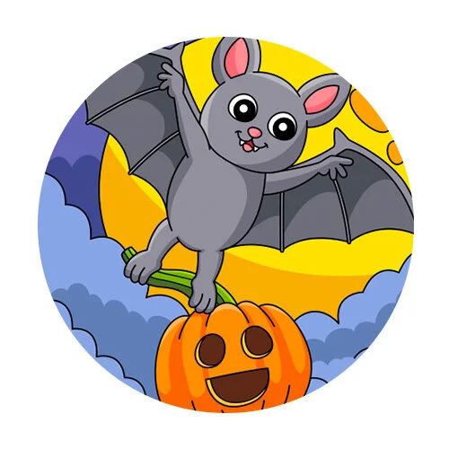 Цветной пример раскраски летучая мышь с тыквой на хэллоуин