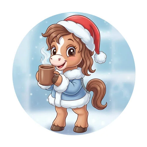 Цветной вариант раскраски лошадка пьет какао