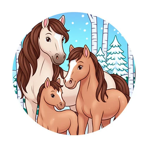 Цветной вариант раскраски семья лошадей