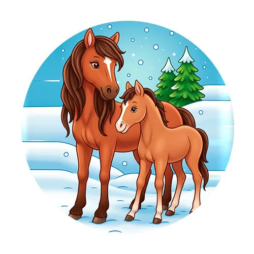 Цветной вариант раскраски мама лошадка и жеребенок